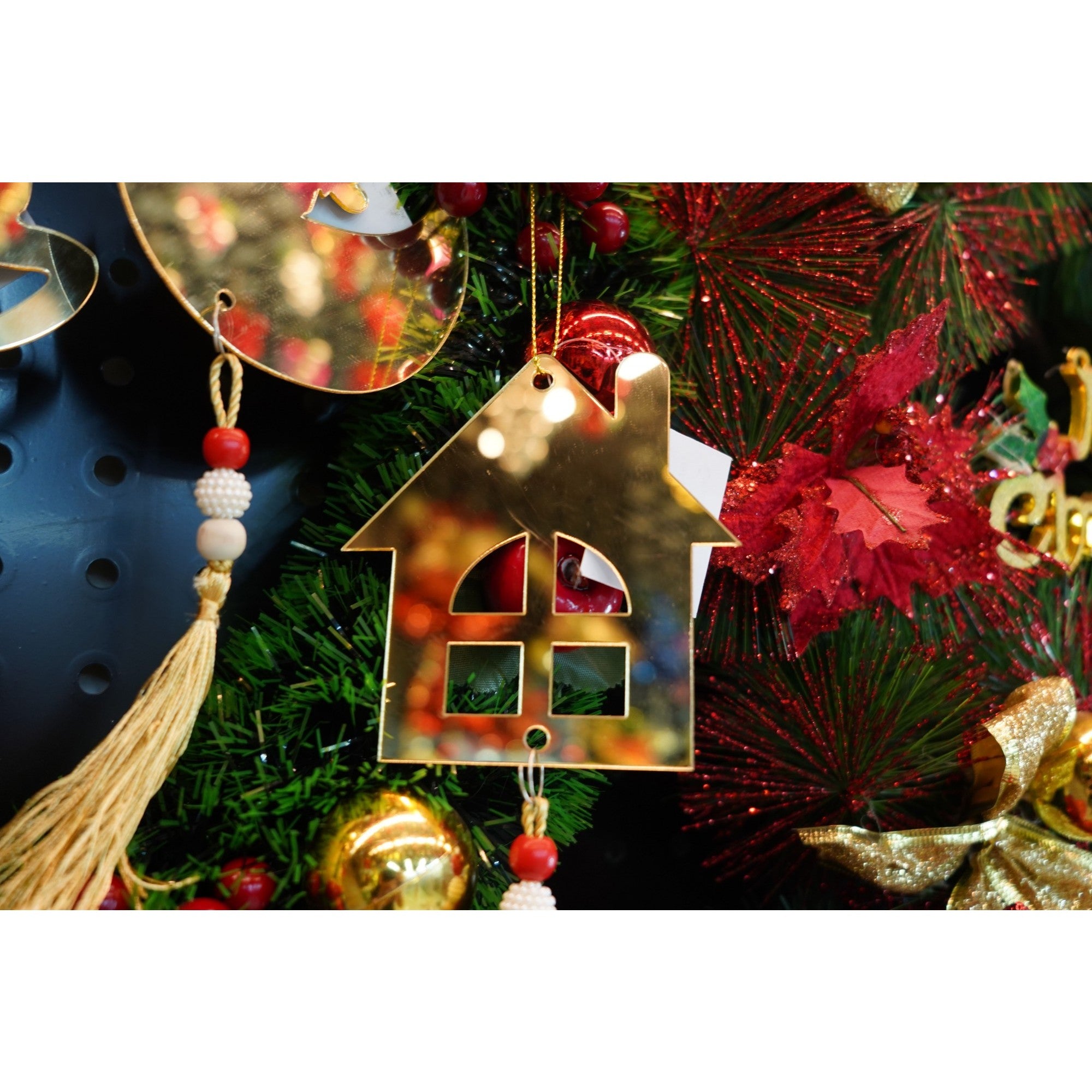 Ornament brad, Casa, Auriu, Lucios, 10*25CM, Acril, Interior/ Exterior