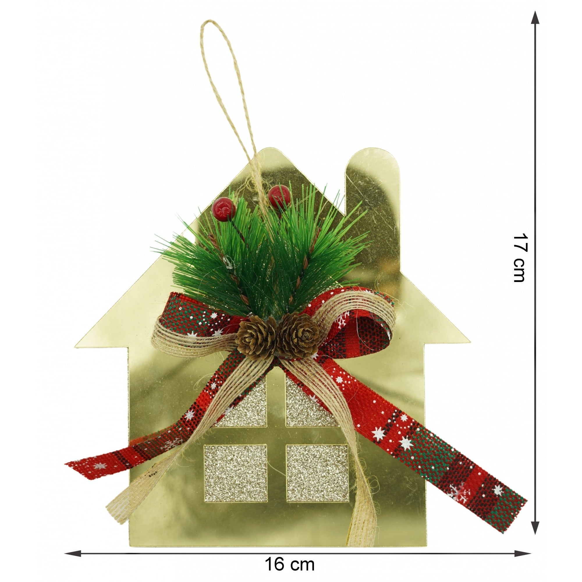 Ornament brad, Casa, Auriu, Lucios, 16*17CM, Acril, Interior/ Exterior