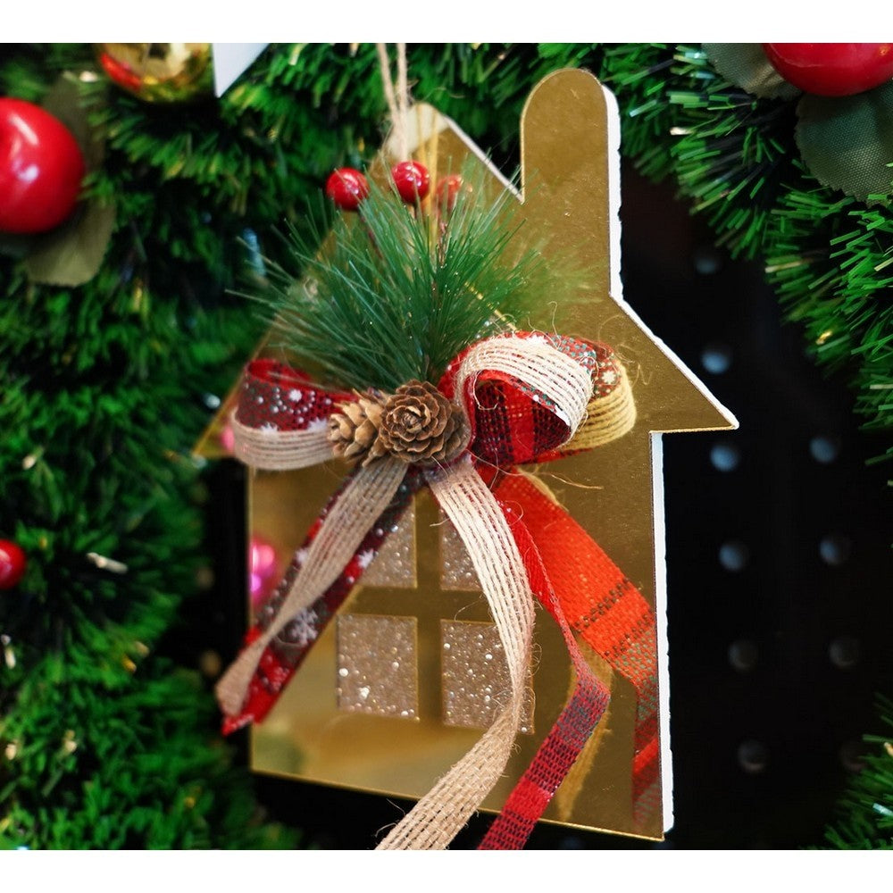 Ornament brad, Casa, Auriu, Lucios, 16*17CM, Acril, Interior/ Exterior