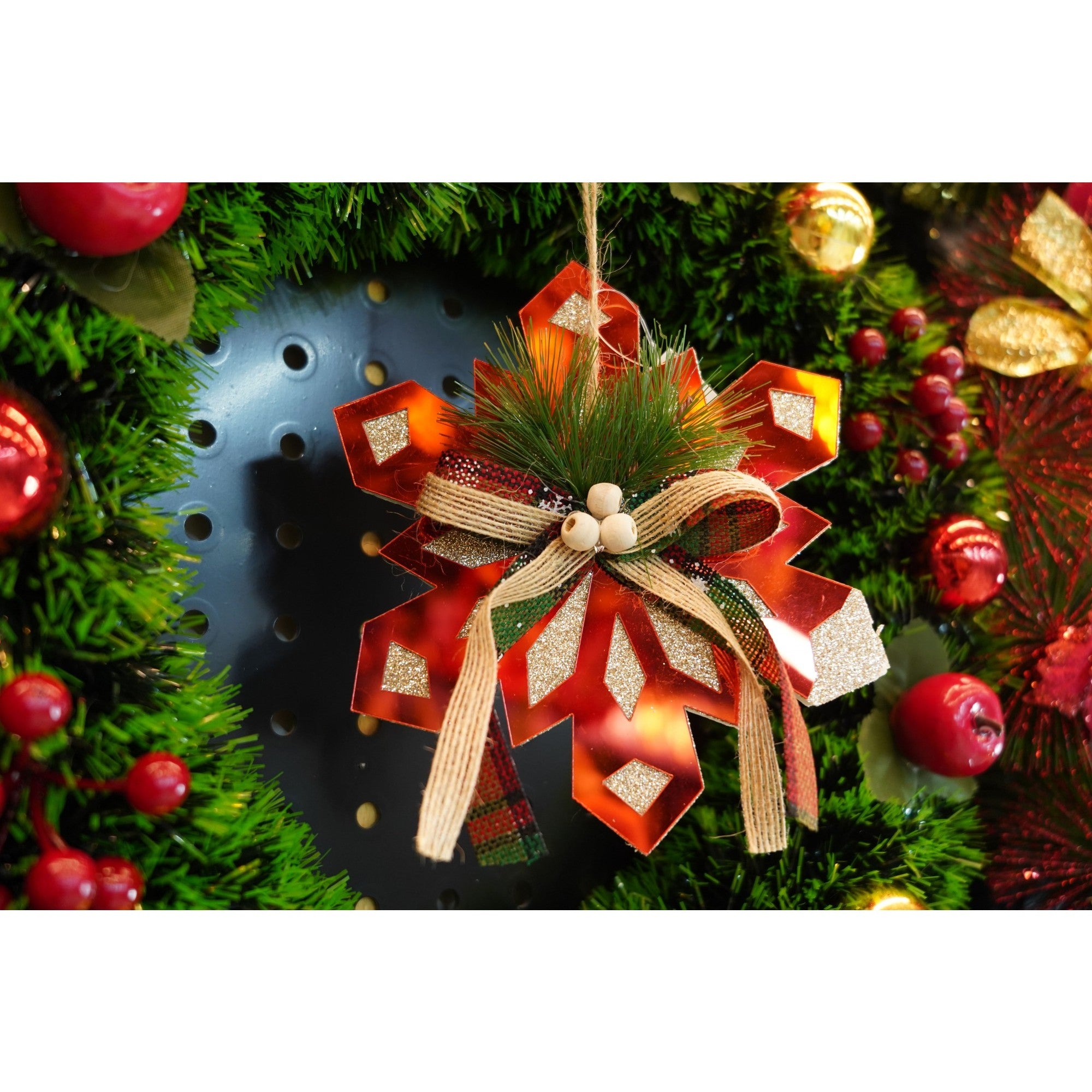 Ornament brad, Fulg de nea, Rosu, Lucios, 15*15CM, Acril, Interior/ Exterior