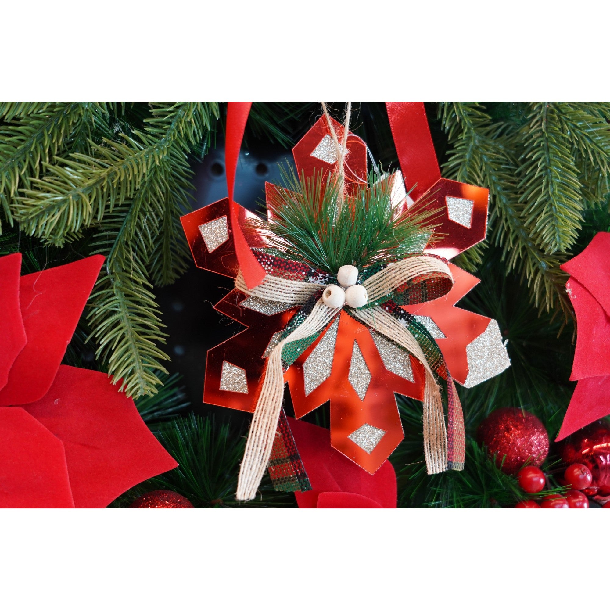 Ornament brad, Fulg de nea, Rosu, Lucios, 15*15CM, Acril, Interior/ Exterior