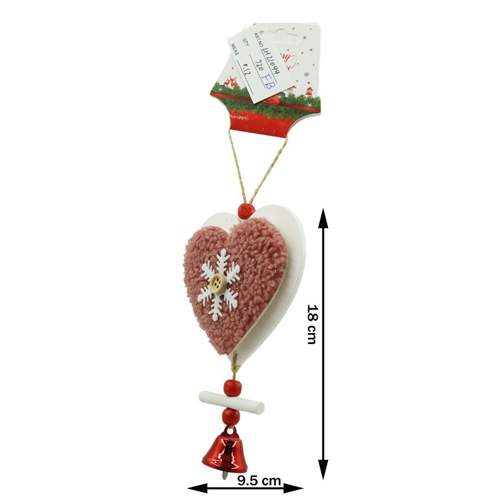 Ornament de brad broderie cu inima, roz, lemn, 18 cm