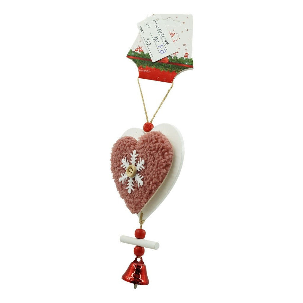 Ornament de brad broderie cu inima, roz, lemn, 18 cm