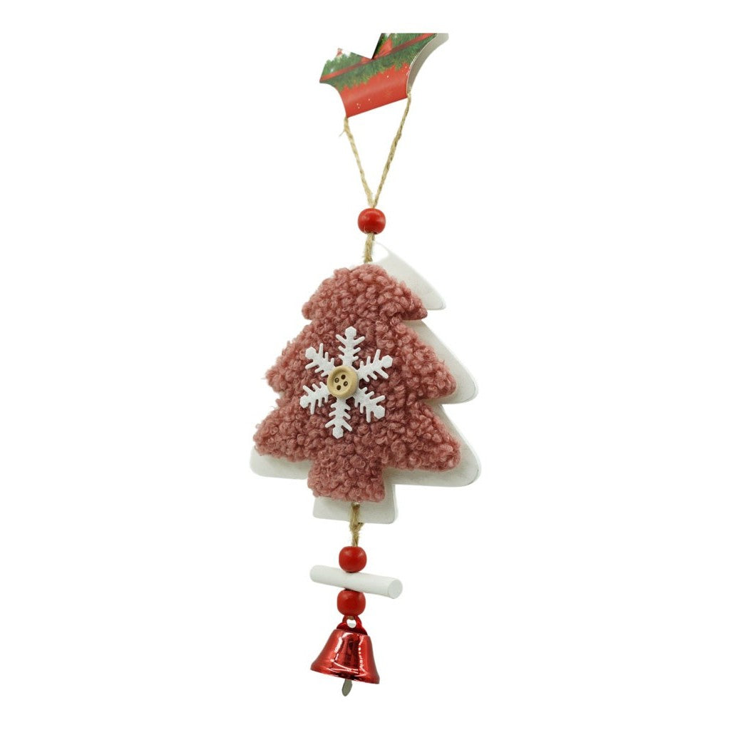 Ornament de brad broderie cu pomul de craciun, roz, lemn, 18 cm