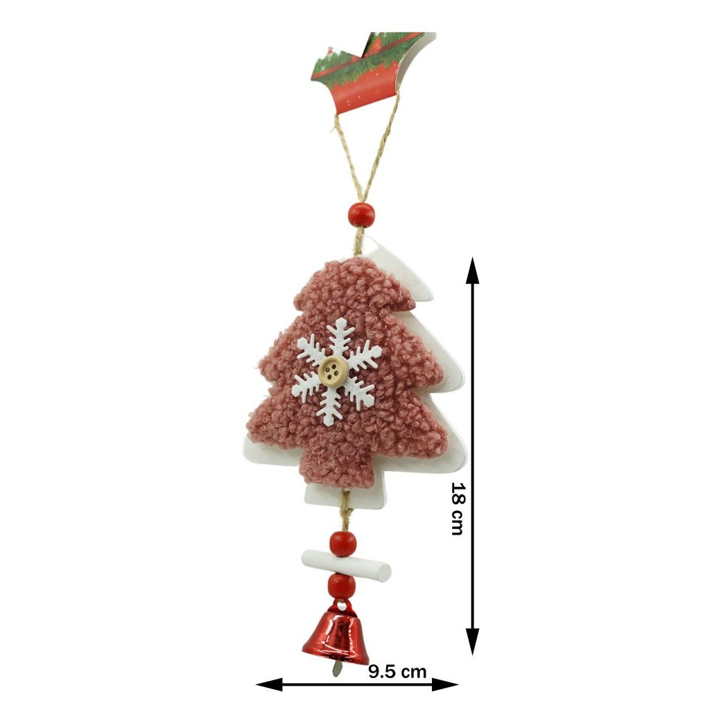 Ornament de brad broderie cu pomul de craciun, roz, lemn, 18 cm