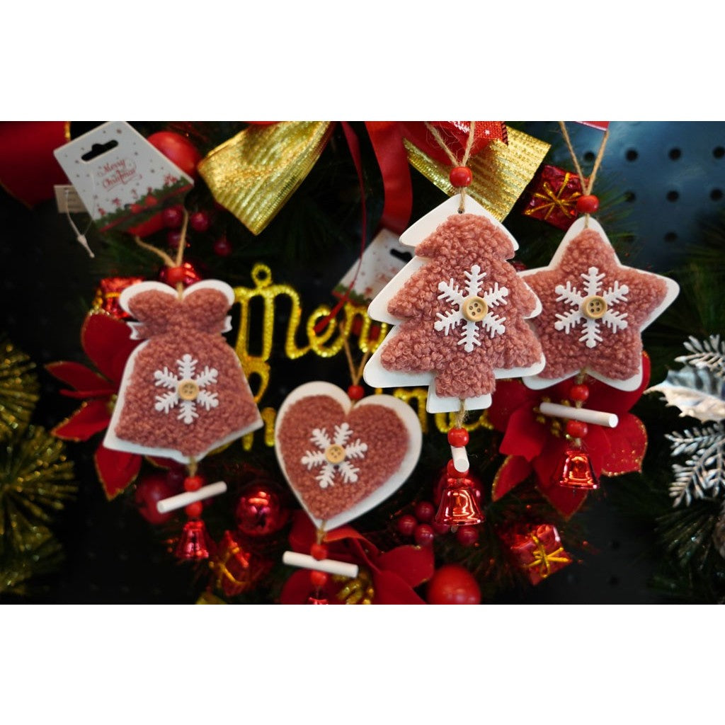 Ornament de brad broderie cu pomul de craciun, roz, lemn, 18 cm