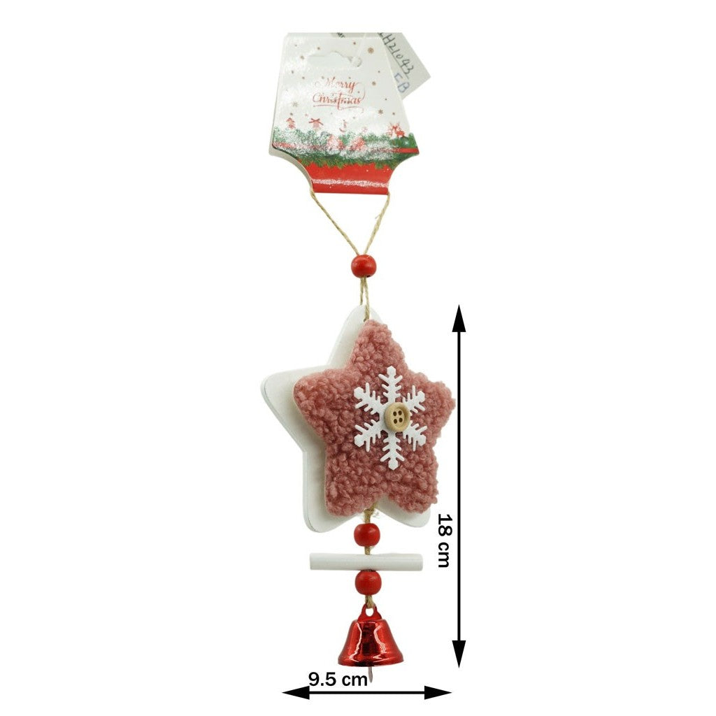 Ornament de brad broderie cu stea, roz, lemn, 18 cm