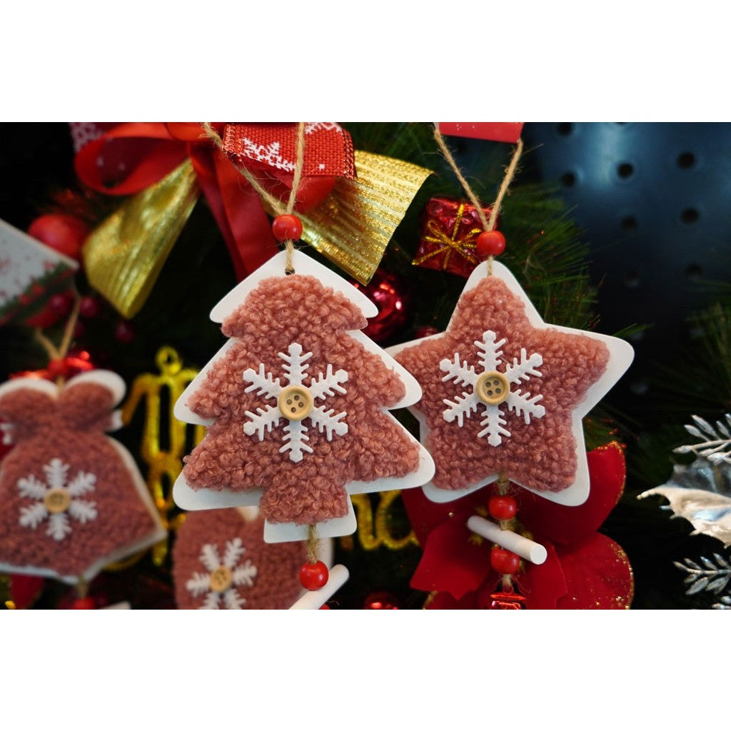Ornament de brad broderie cu stea, roz, lemn, 18 cm