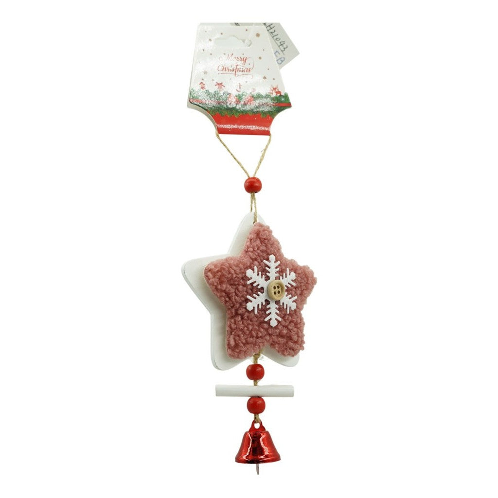 Ornament de brad broderie cu stea, roz, lemn, 18 cm