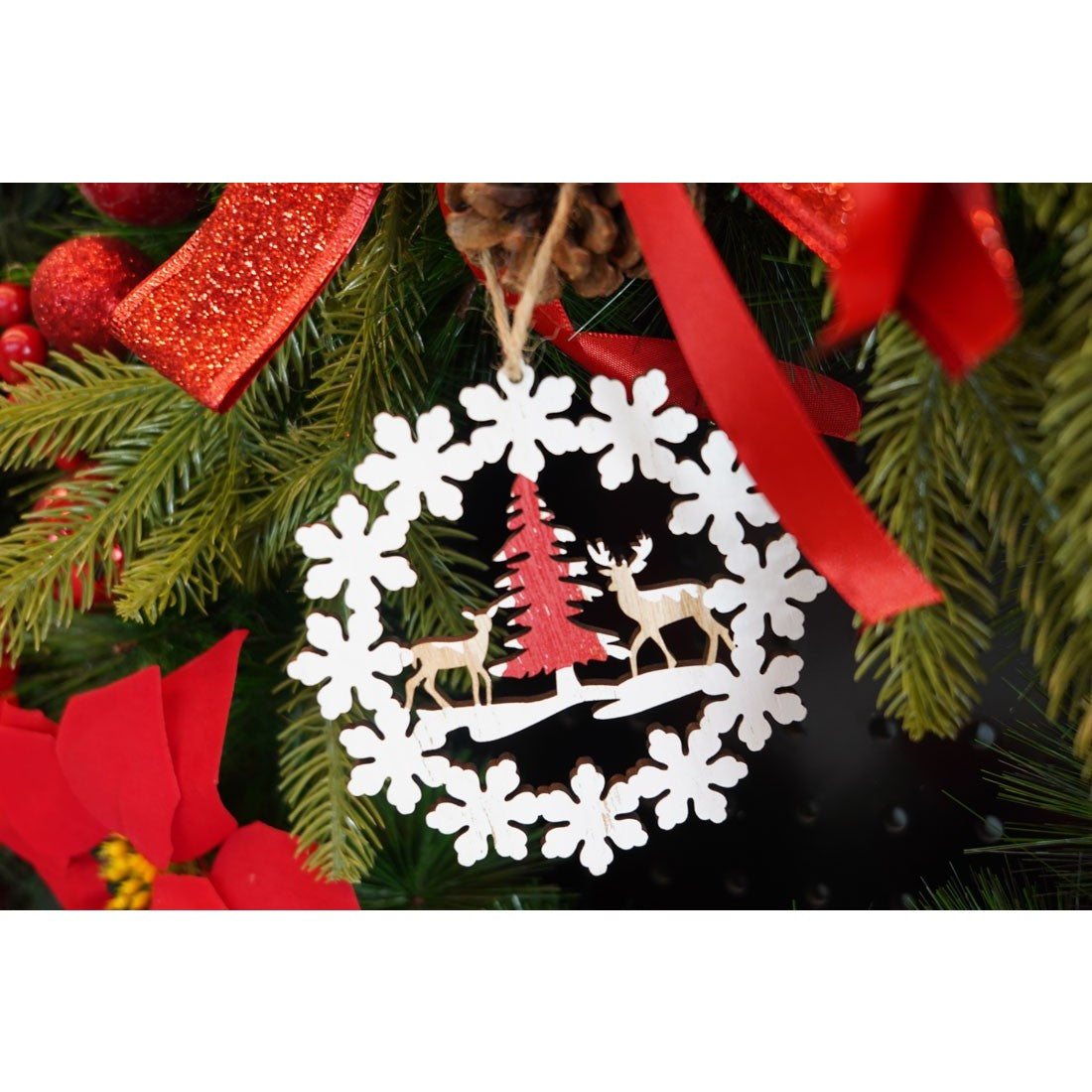 Ornament de brad cerbi cu brad, multicolor, lemn, 12 cm