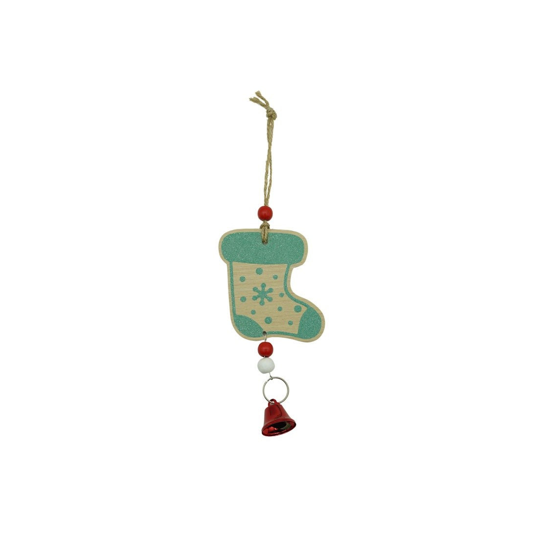 Ornament de brad ciorap cu clopotel, multicolor, lemn, 17 cm