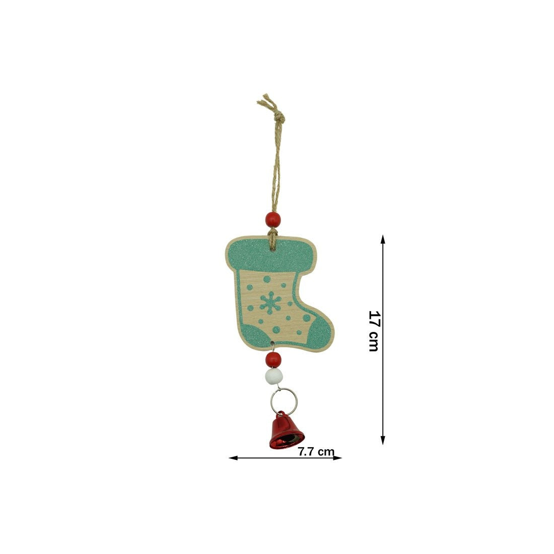 Ornament de brad ciorap cu clopotel, multicolor, lemn, 17 cm