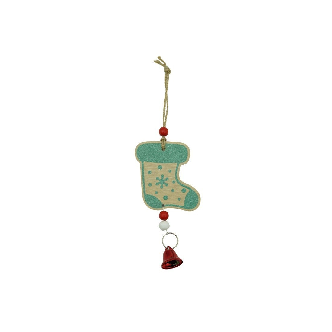 Ornament de brad ciorap cu clopotel, multicolor, lemn, 17 cm