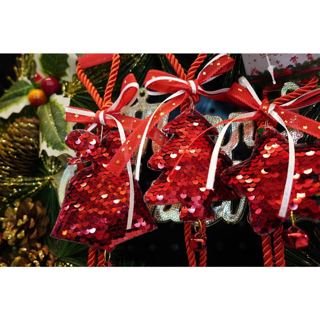Ornament de brad clopotel cu paiete, rosu, lemn, 25 cm