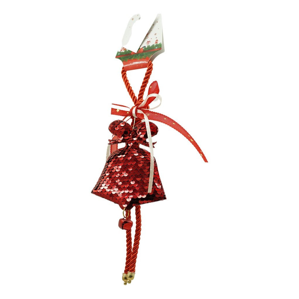 Ornament de brad clopotel cu paiete, rosu, lemn, 25 cm