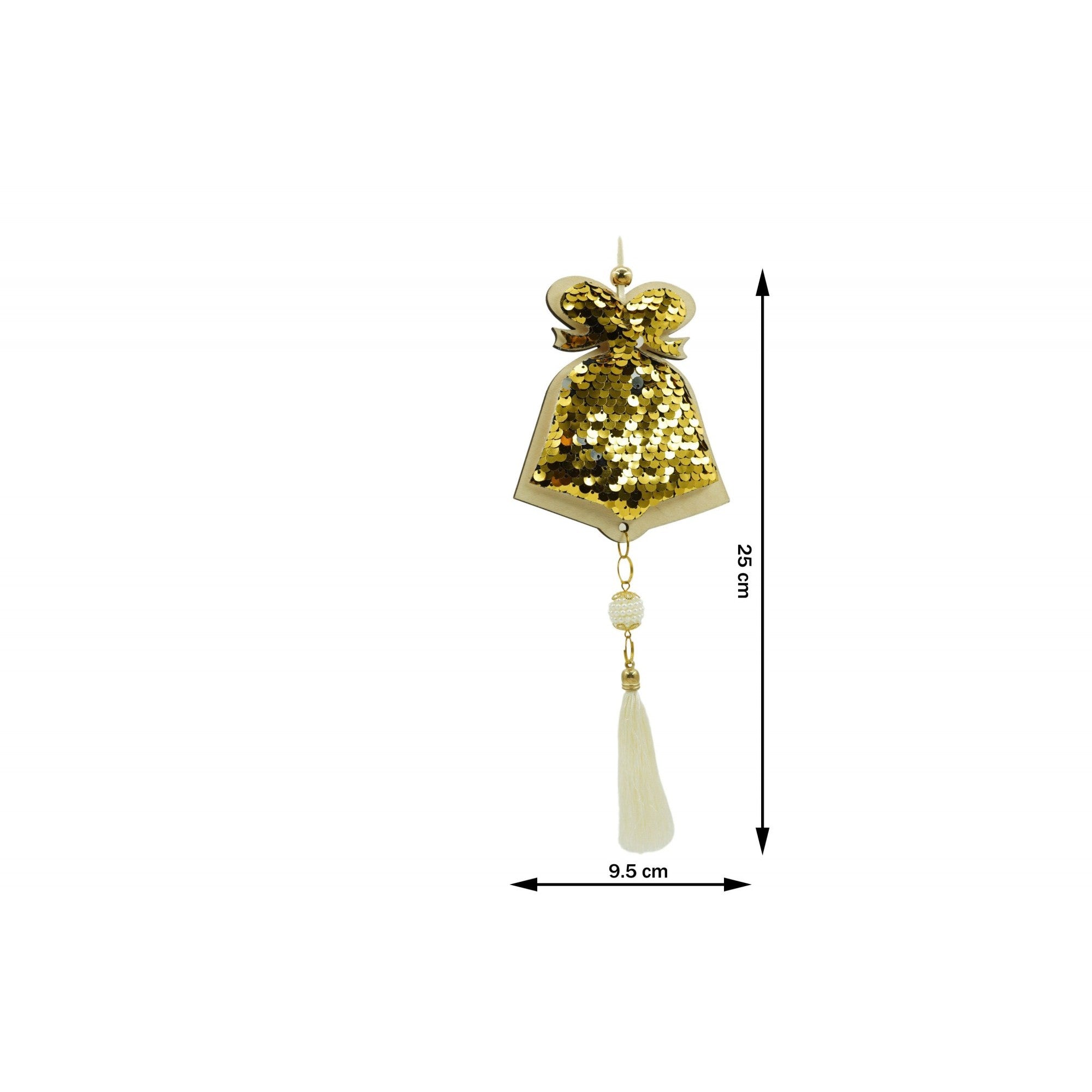Ornament de brad clopotel cu paiete model 2, auriu, lemn, 36 cm