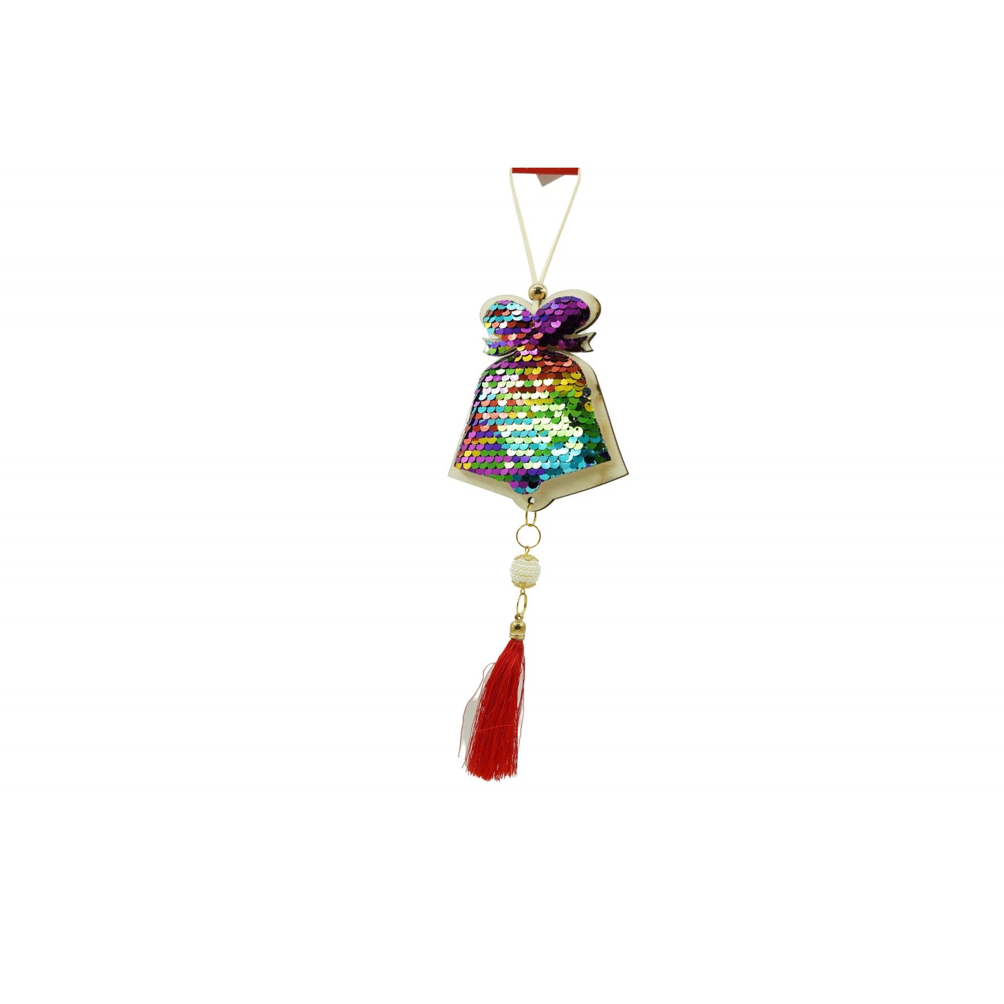 Ornament de brad clopotel cu paiete model 2, multicolor, lemn, 36 cm