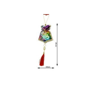 Ornament de brad clopotel cu paiete model 2, multicolor, lemn, 36 cm