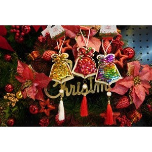 Ornament de brad clopotel cu paiete model 2, multicolor, lemn, 36 cm