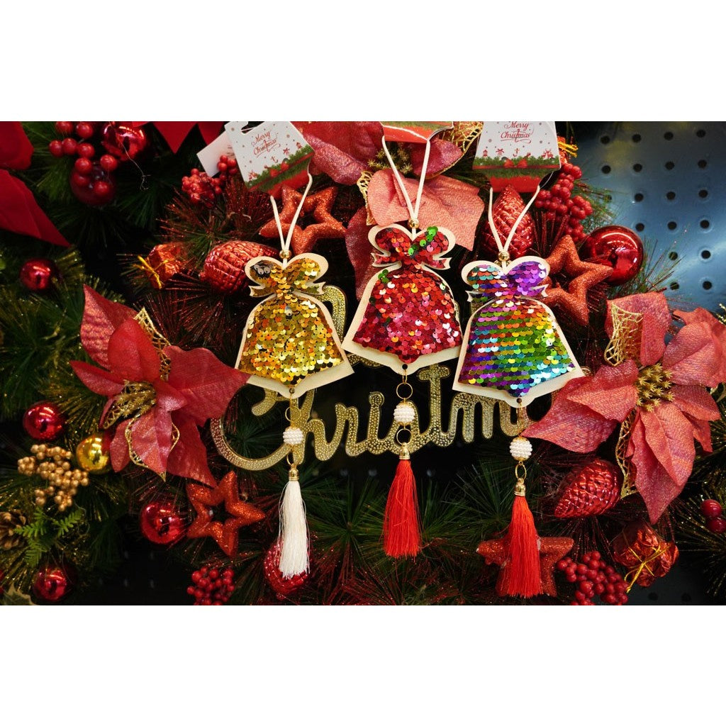 Ornament de brad clopotel cu paiete model 2, multicolor, lemn, 36 cm