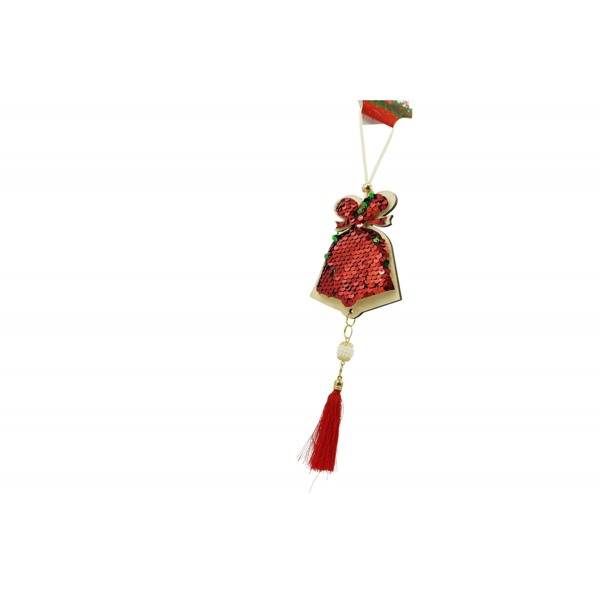 Ornament de brad clopotel cu paiete model 2, rosu, lemn, 36 cm