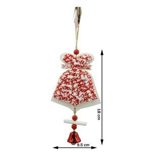 Ornament de brad clopotel din tweed, alb/rosu, lemn, 18 cm