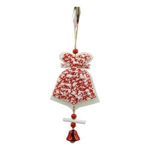 Ornament de brad clopotel din tweed, alb/rosu, lemn, 18 cm