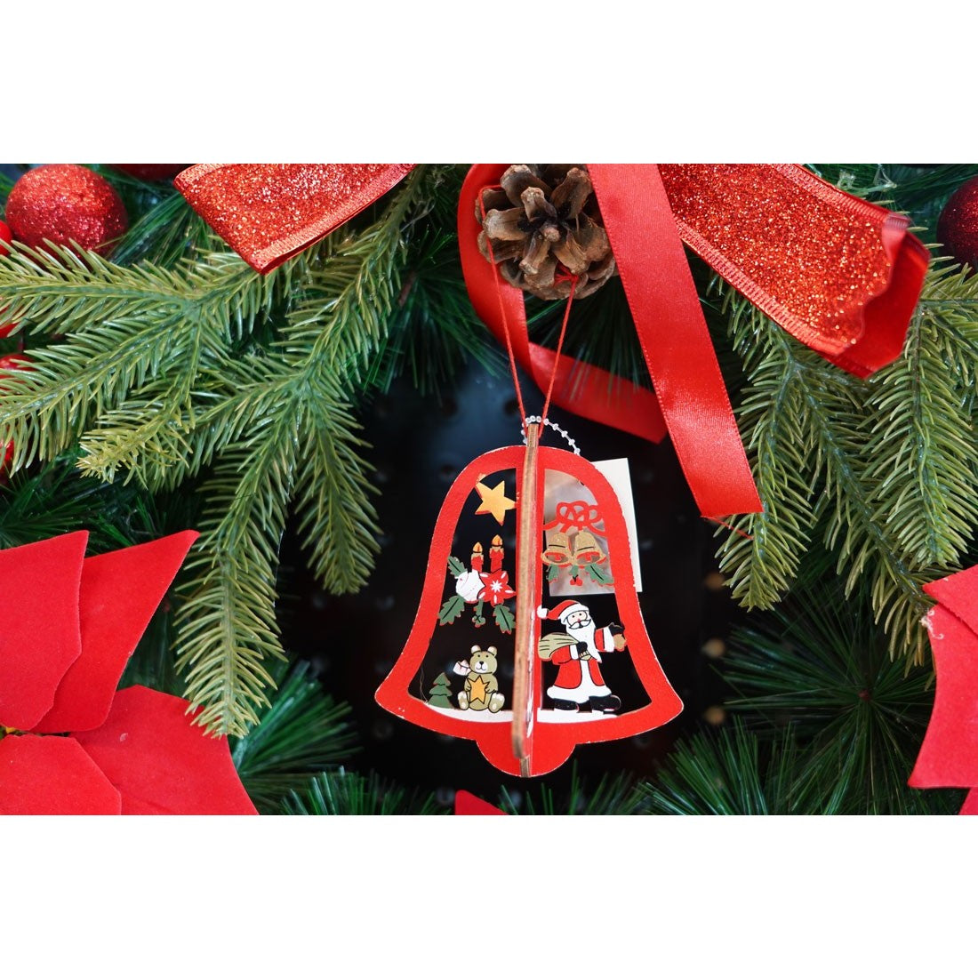 Ornament de brad clopotel, multicolor, lemn, 10.5x9.5 cm
