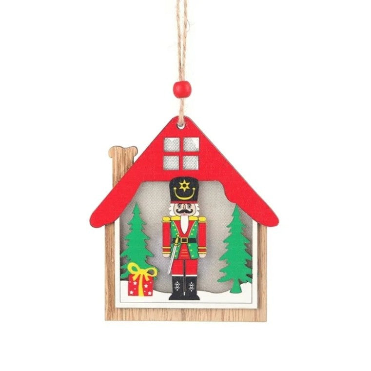 Ornament de Brad, cu Lumini LED, din Lemn, Figurina Spargatorul de Nuci, Model Casuta, Multicolor