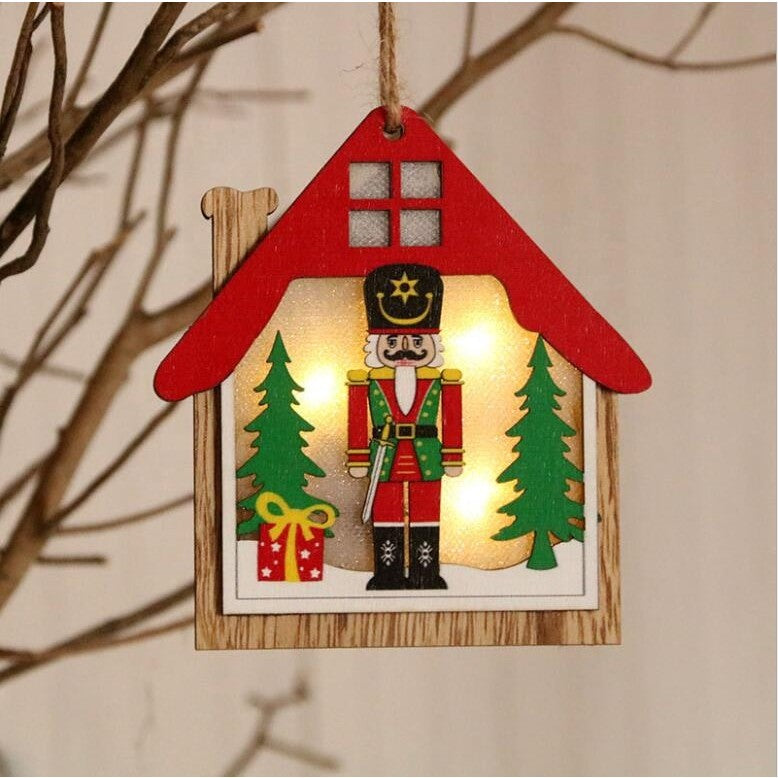 Ornament de Brad, cu Lumini LED, din Lemn, Figurina Spargatorul de Nuci, Model Casuta, Multicolor