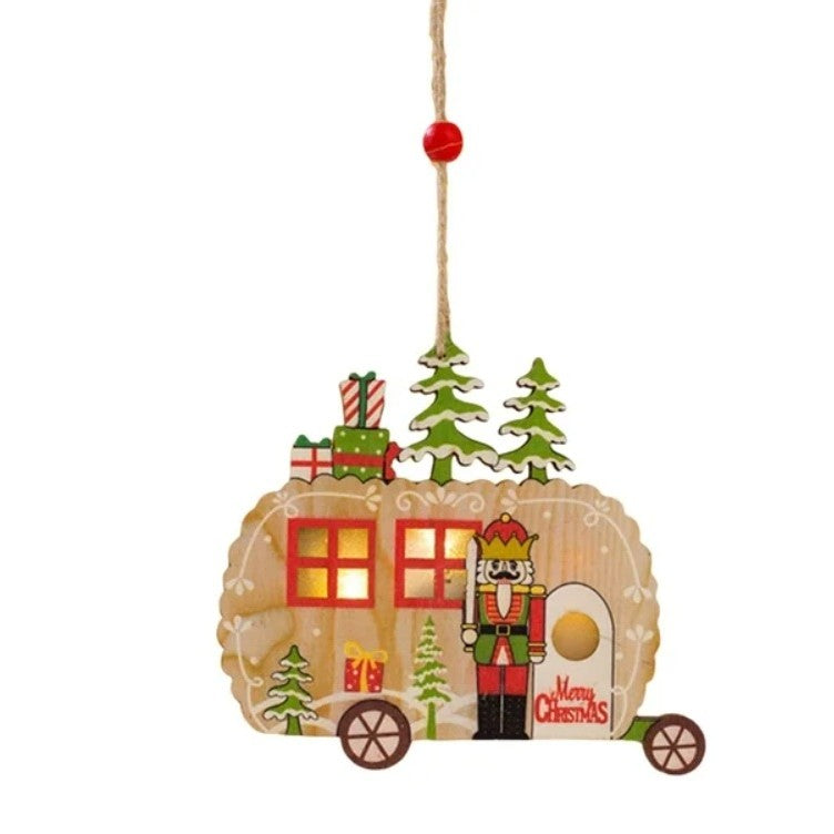 Ornament de Brad, cu Lumini LED, din Lemn, Figurina Spargatorul de Nuci, Model Masina, Multicolor