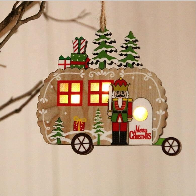 Ornament de Brad, cu Lumini LED, din Lemn, Figurina Spargatorul de Nuci, Model Masina, Multicolor