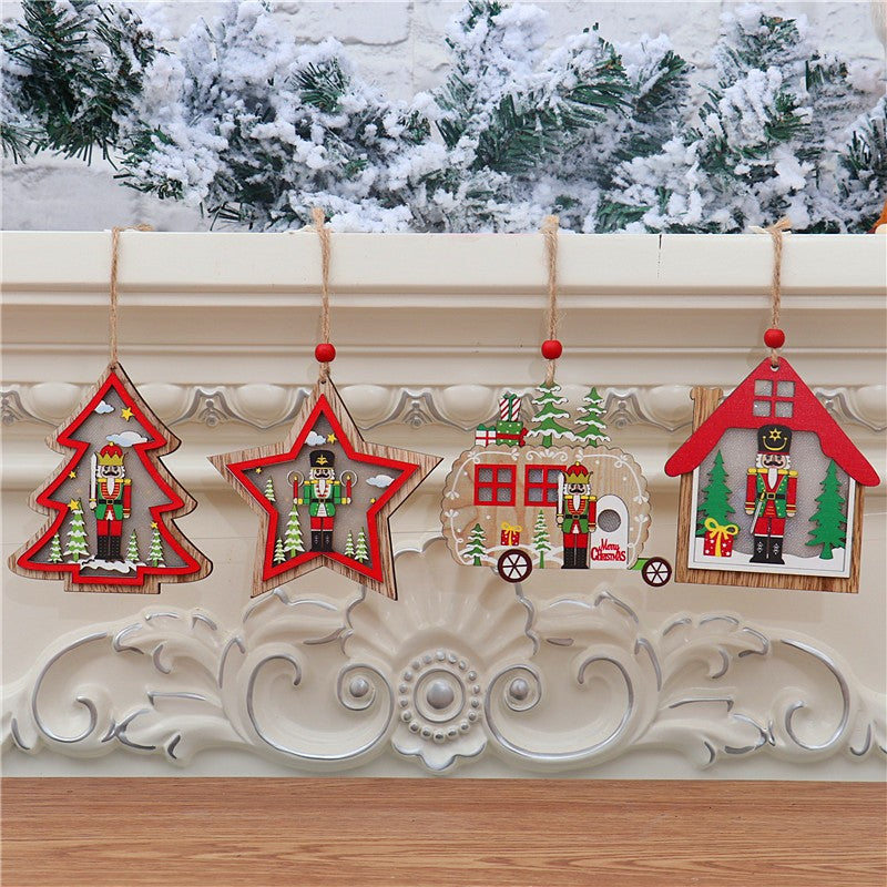Ornament de Brad, Flippy, cu Lumini LED, din Lemn, Figurina Spargatorul de Nuci, Model Stea, Multicolor