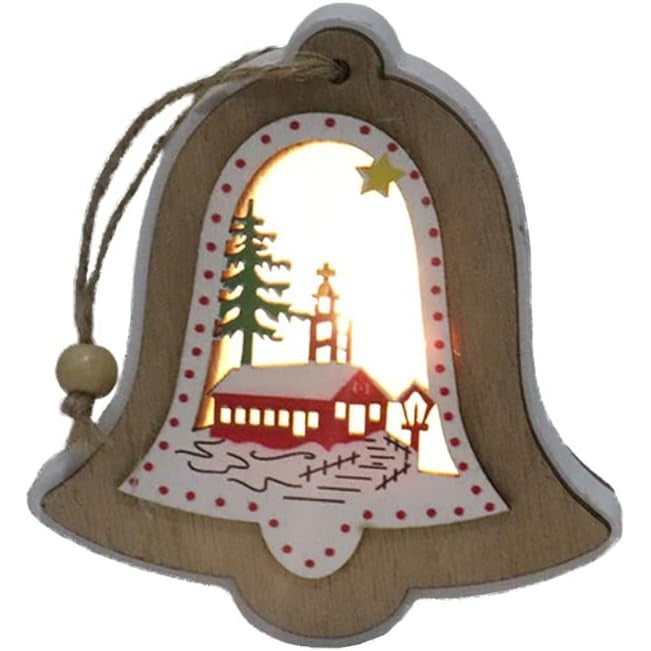 Ornament de Brad, cu Lumini LED, din Lemn, Model Clopot, Multicolor