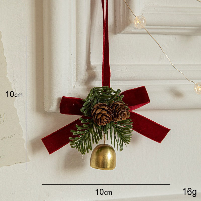 Ornament de Brad, tip Funda de Craciun cu 1 Clopotel Auriu si Conuri de Brad, Panglica Rosie de Velvet, 10 x 10 cm, Rosu