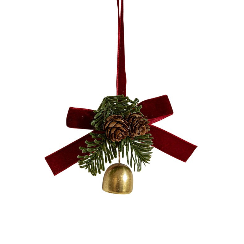 Ornament de Brad, tip Funda de Craciun cu 1 Clopotel Auriu si Conuri de Brad, Panglica Rosie de Velvet, 10 x 10 cm, Rosu