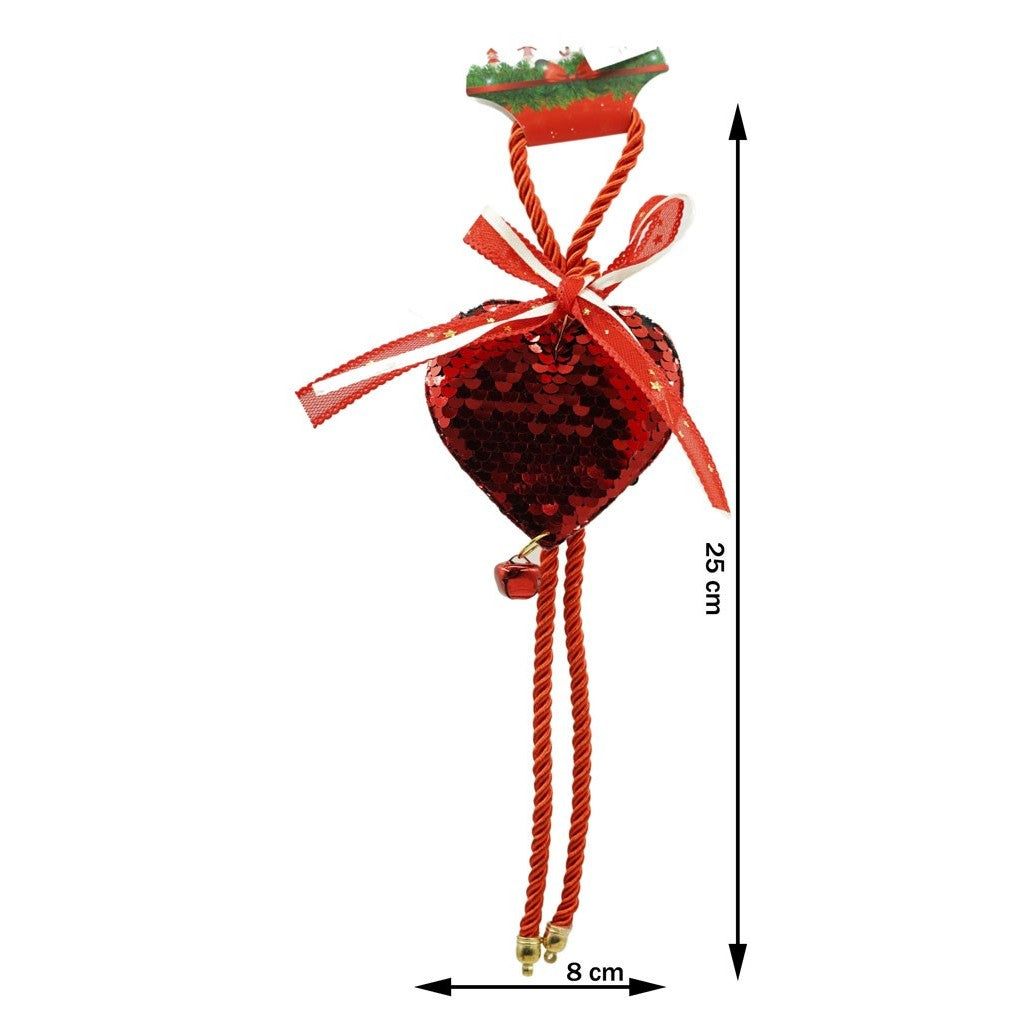 Ornament de brad inima cu paiete, rosu, lemn, 25 cm