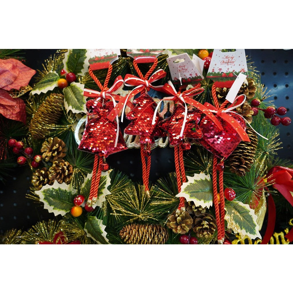 Ornament de brad inima cu paiete, rosu, lemn, 25 cm