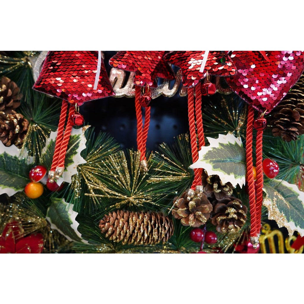 Ornament de brad inima cu paiete, rosu, lemn, 25 cm