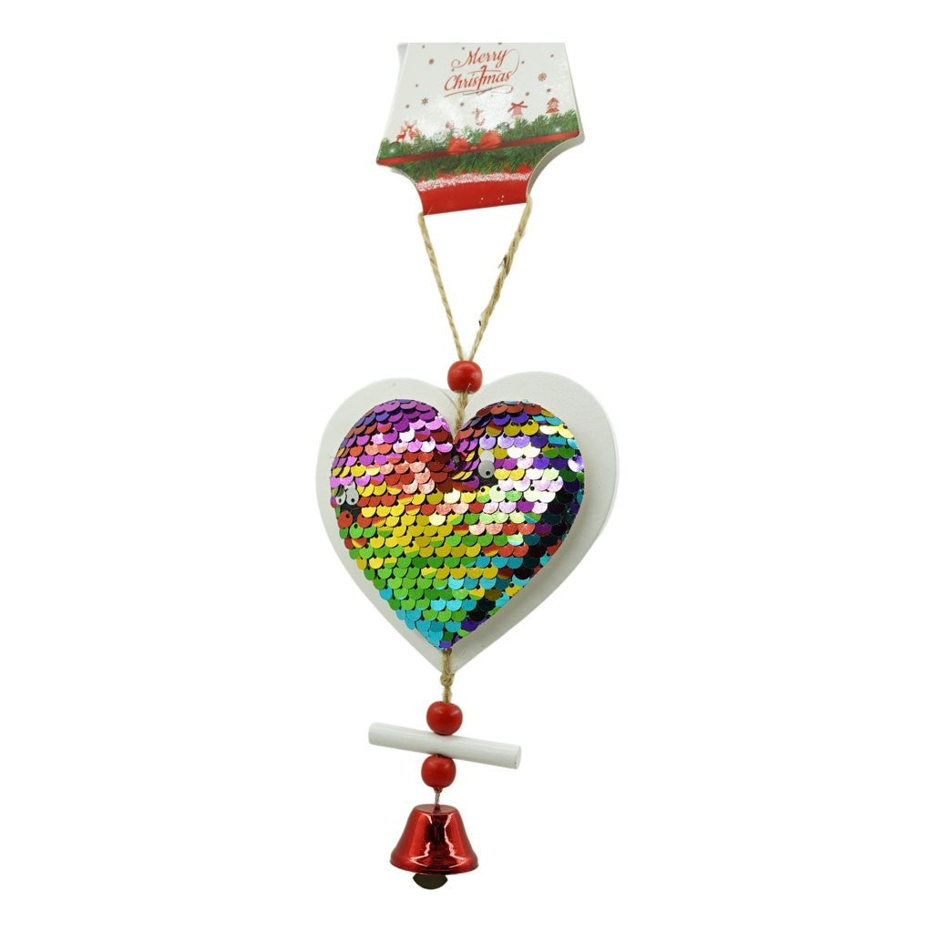 Ornament de brad inima din paiete, multicolor, lemn, 18 cm