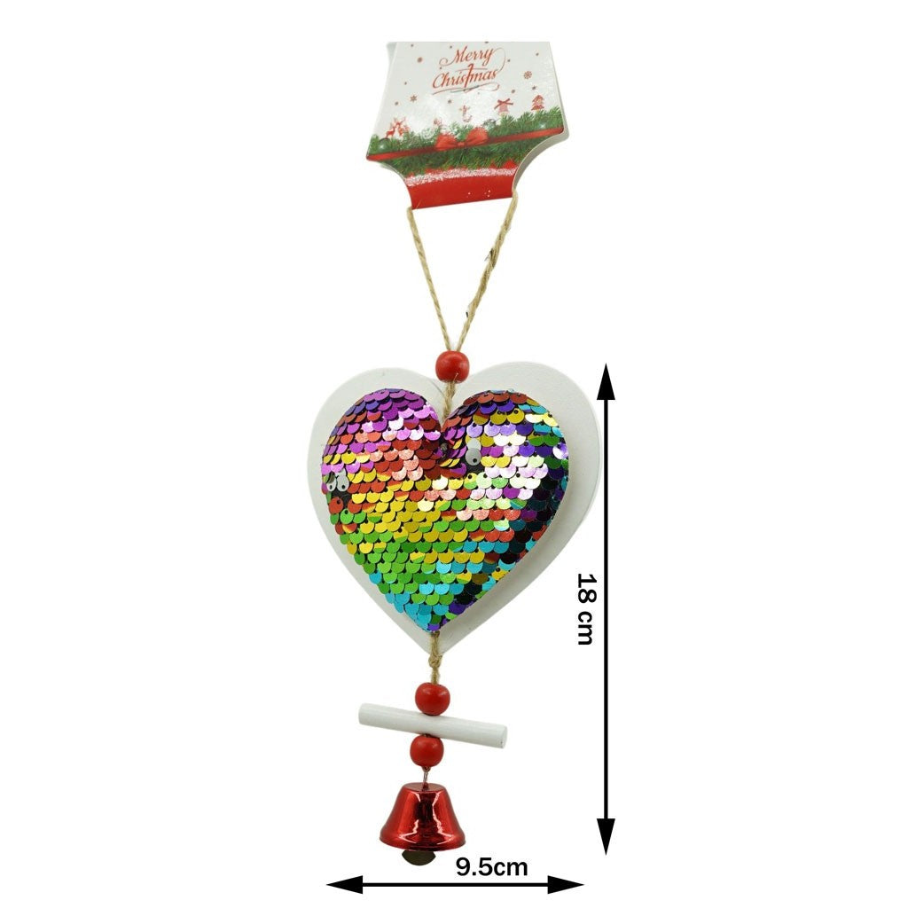 Ornament de brad inima din paiete, multicolor, lemn, 18 cm