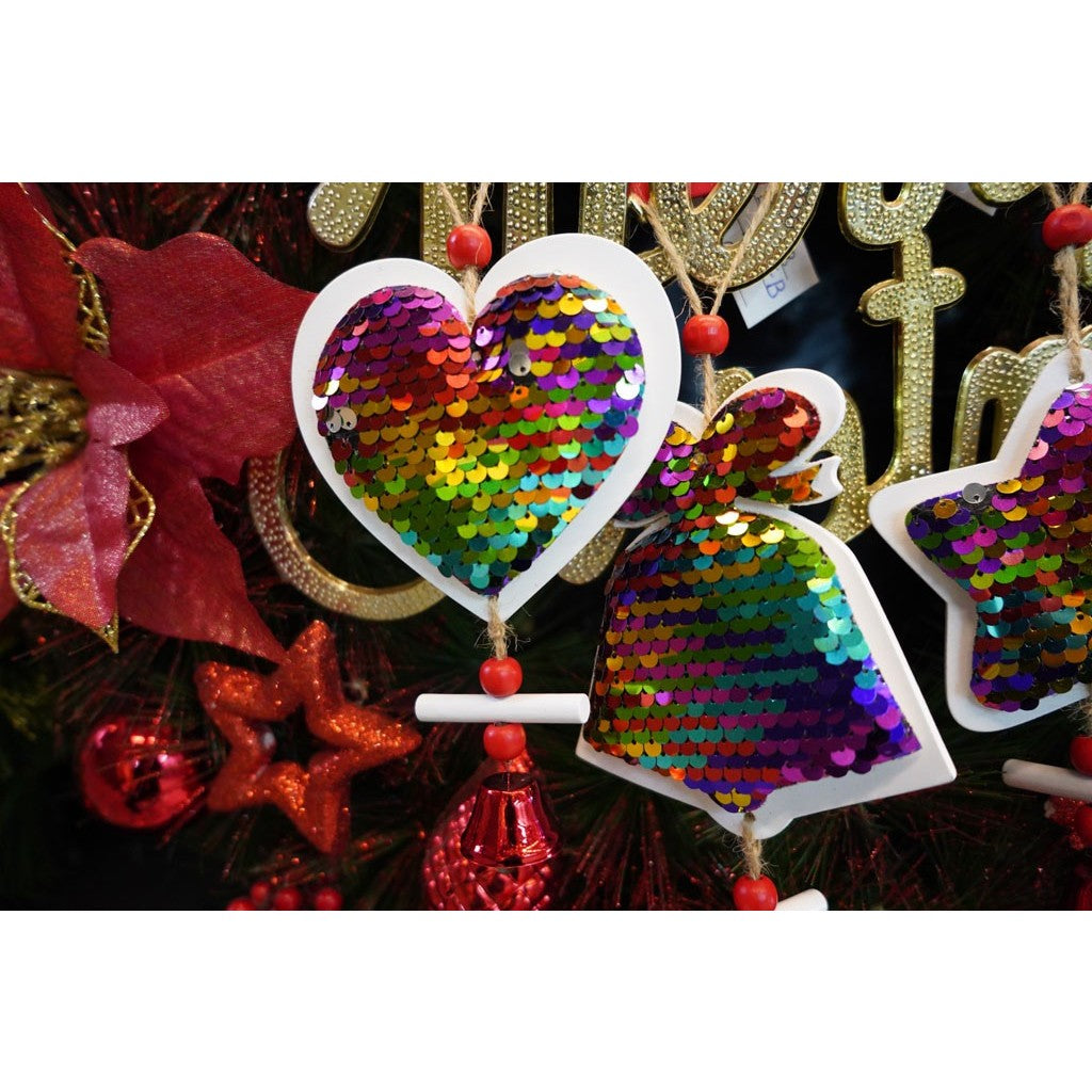 Ornament de brad inima din paiete, multicolor, lemn, 18 cm