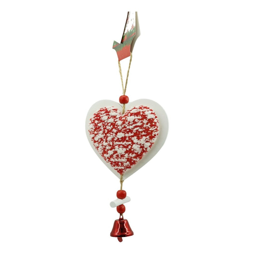 Ornament de brad inima din tweed, alb/rosu, lemn, 18 cm