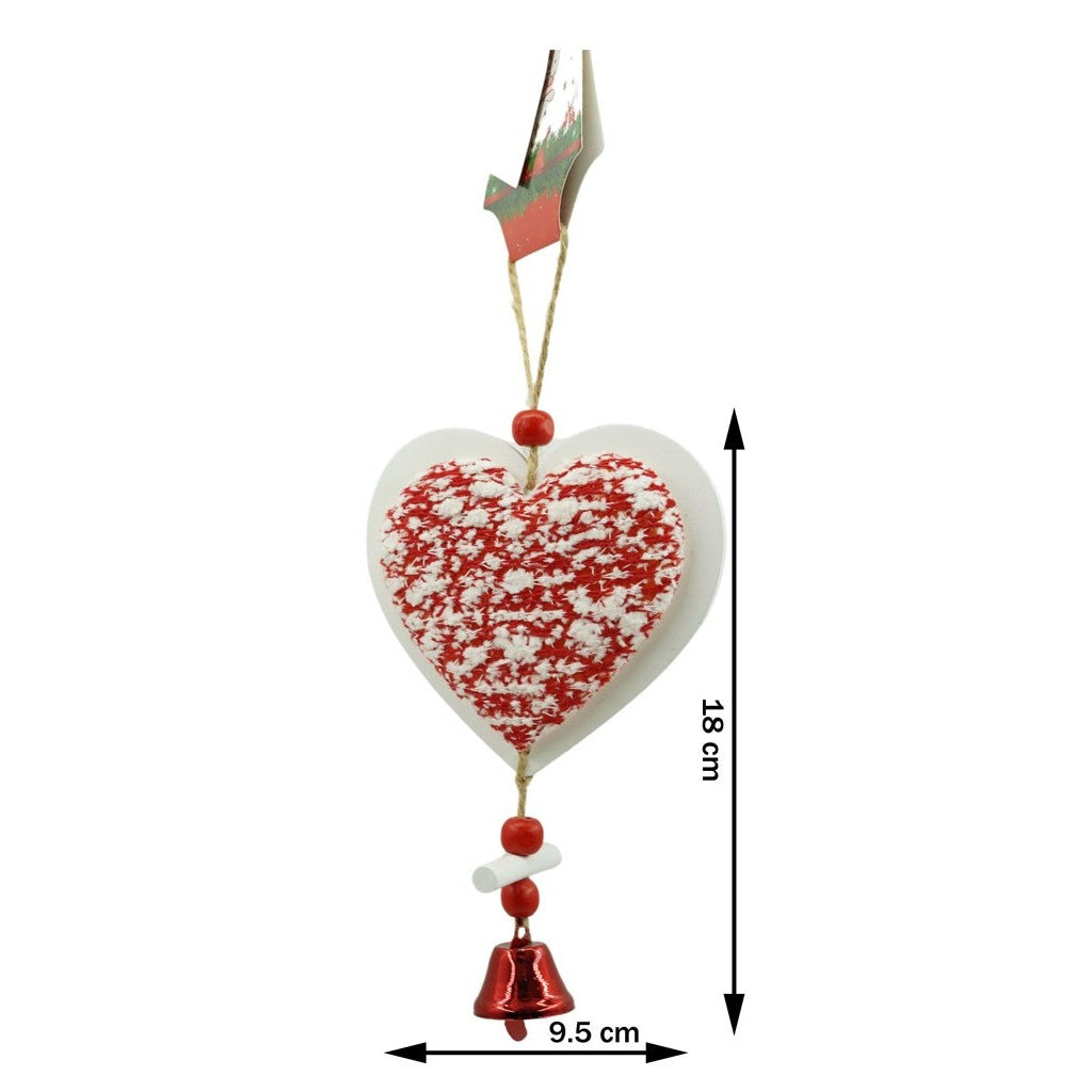 Ornament de brad inima din tweed, alb/rosu, lemn, 18 cm
