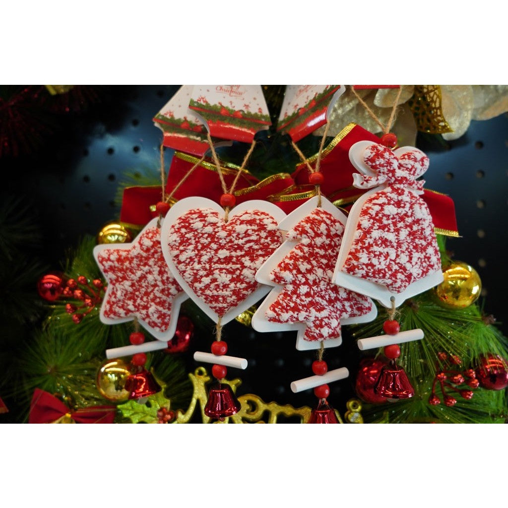Ornament de brad inima din tweed, alb/rosu, lemn, 18 cm