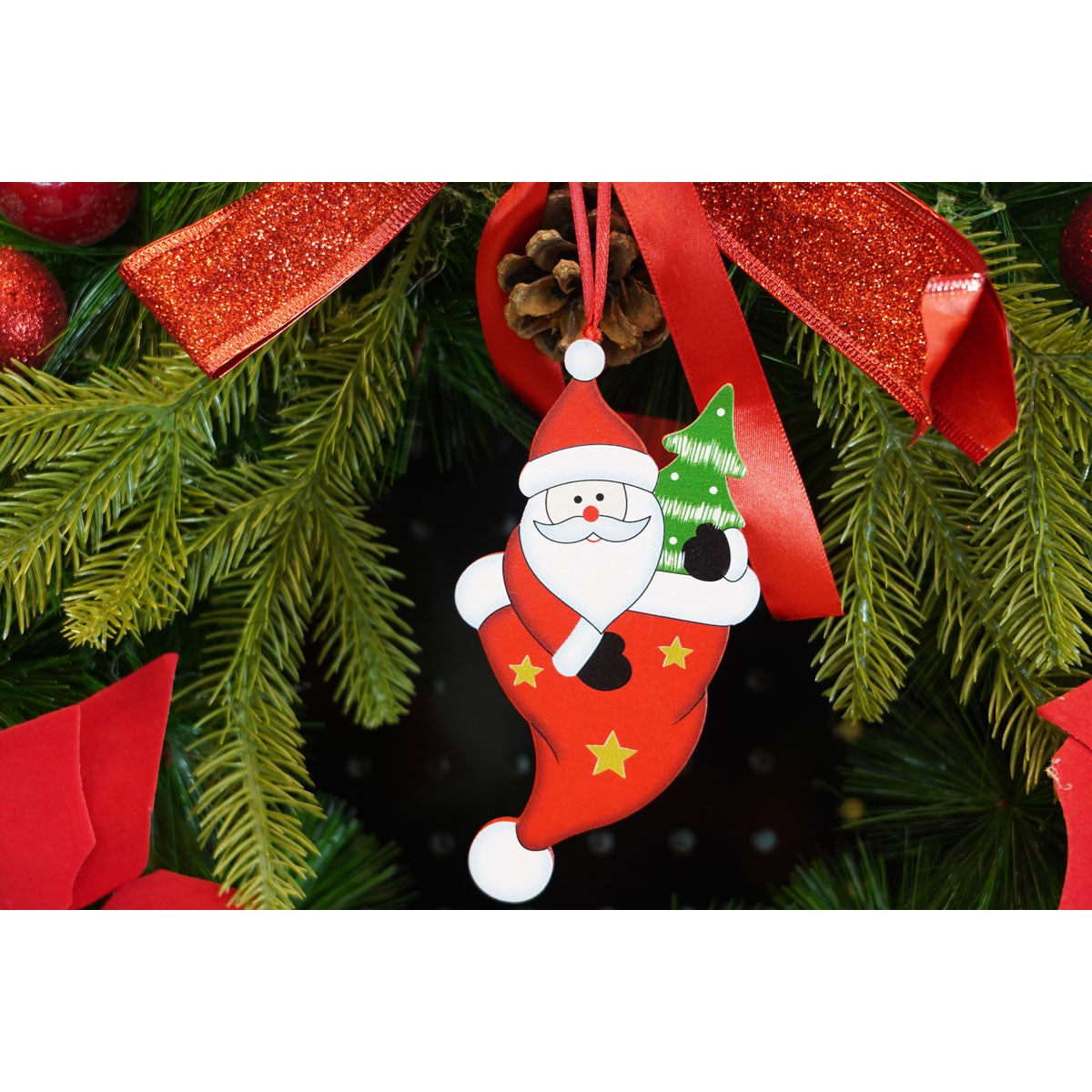 Ornament de brad Mos Craciun in caciula, rosu, lemn, 14 cm
