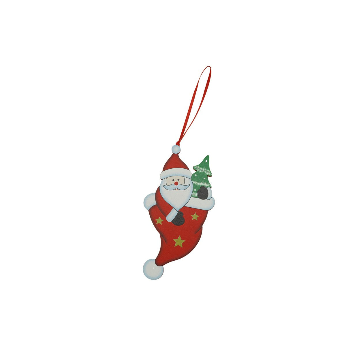 Ornament de brad Mos Craciun in caciula, rosu, lemn, 14 cm