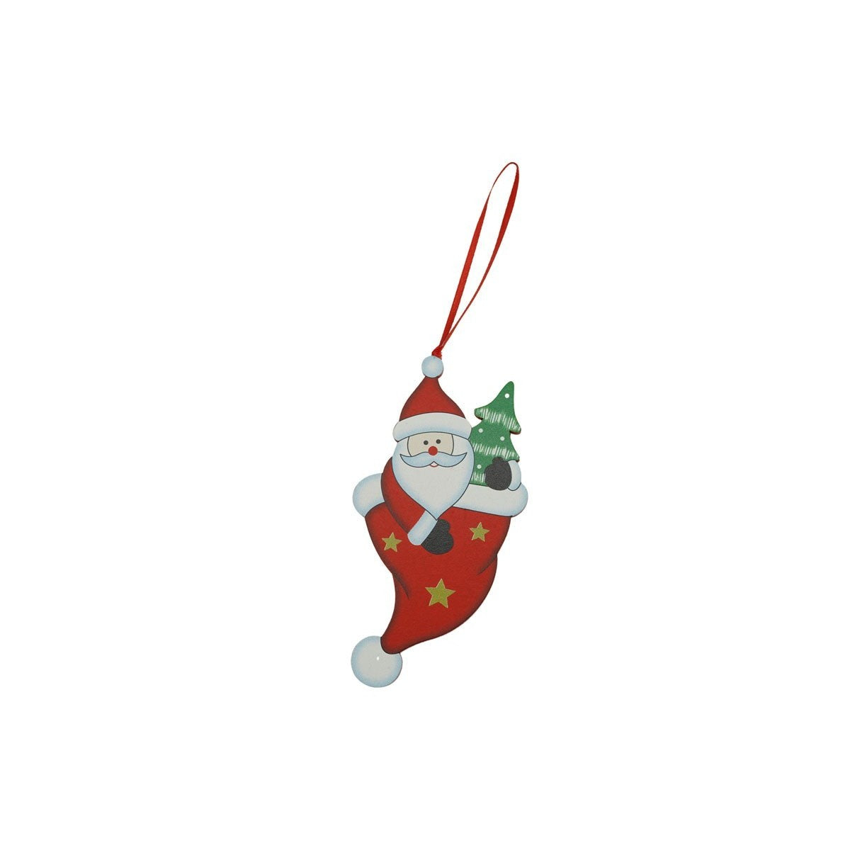 Ornament de brad om de zapada in ciorap, rosu, lemn, 14 cm
