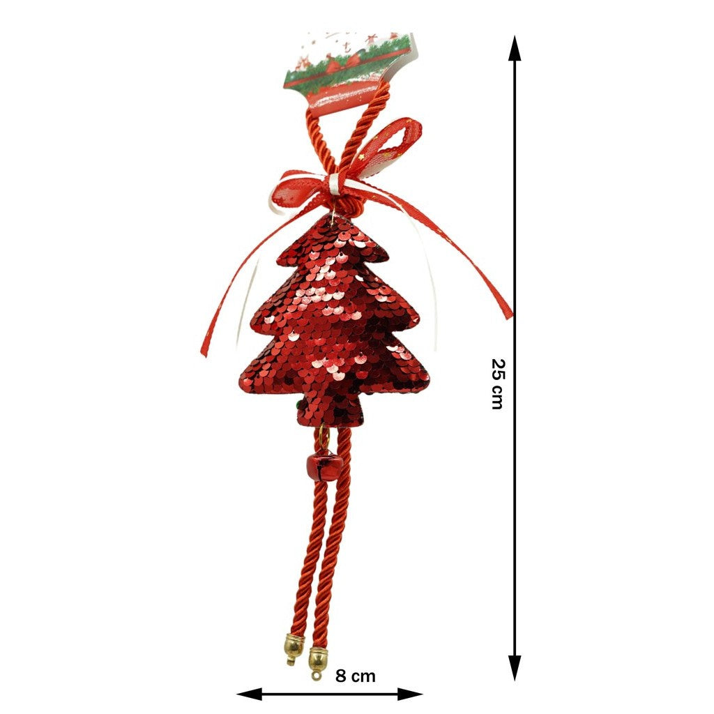 Ornament de brad pom de craciun cu paiete, rosu, lemn, 25 cm
