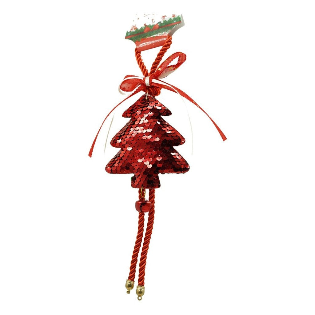 Ornament de brad pom de craciun cu paiete, rosu, lemn, 25 cm
